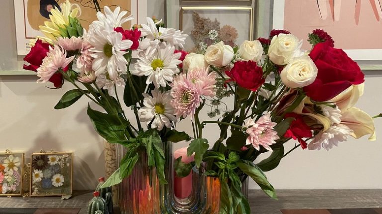 Bouquet of flowers with basil