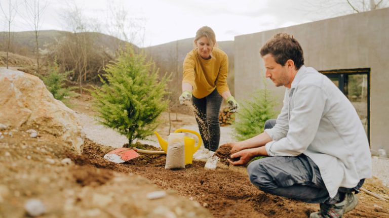 couple planting grass seeds