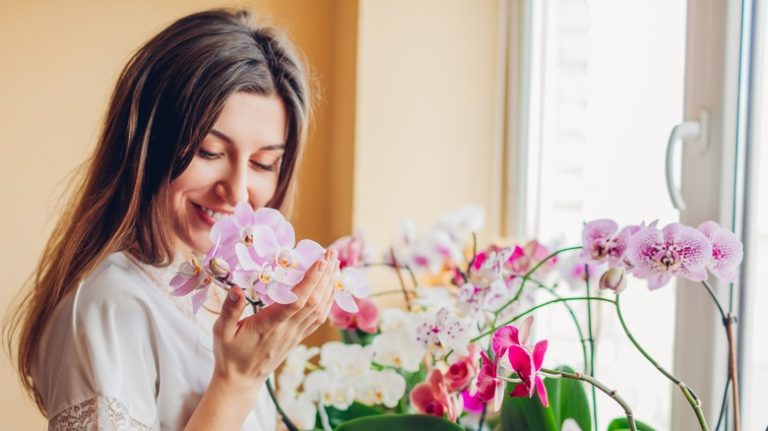 A lady smelling the flowers