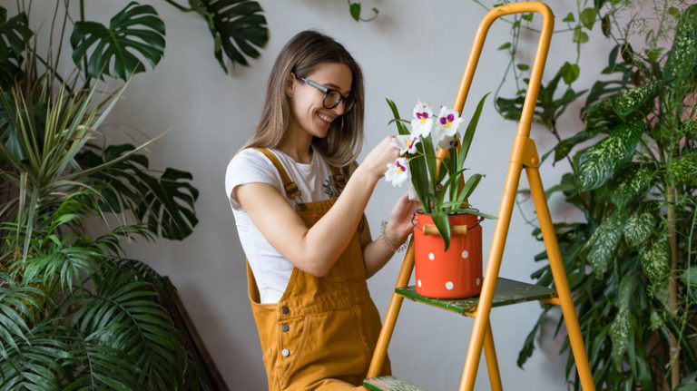 girl holding potted orchid