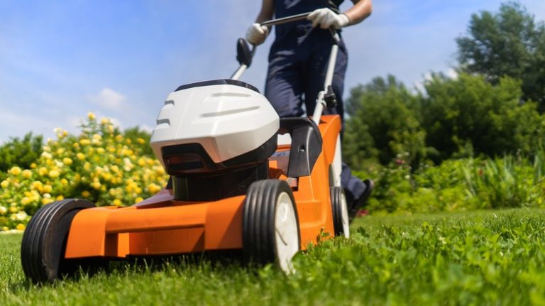 person mowing lawn