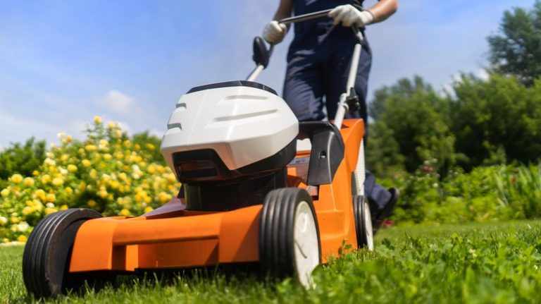 pushing lawn mower on grass