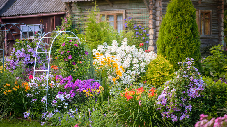 Flower garden against home