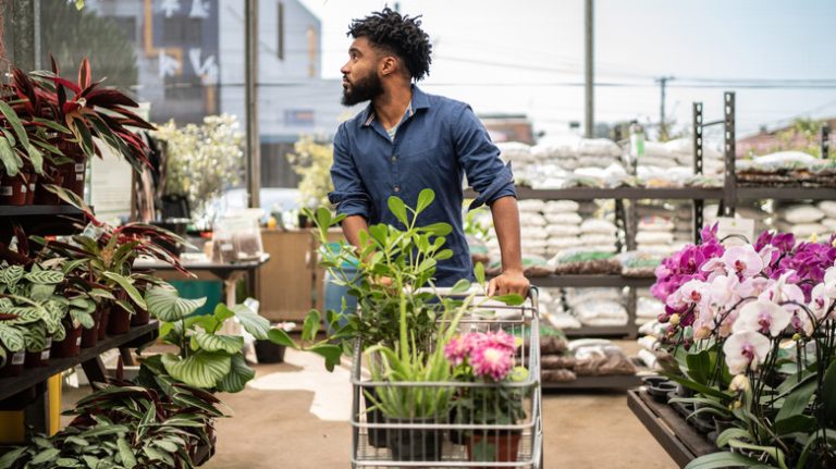 Man with cart plant shopping