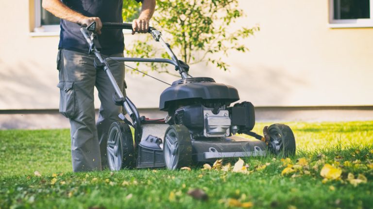 person using a mulching lawn mower