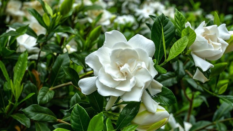 Gardenias blooming in garden