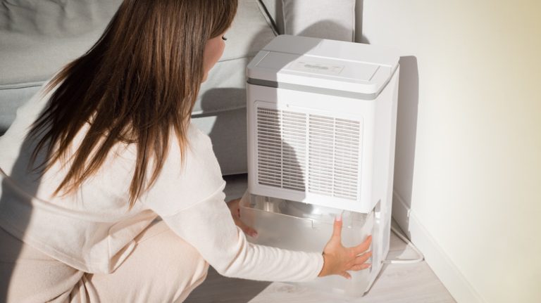 woman removing water tank from dehumidifier