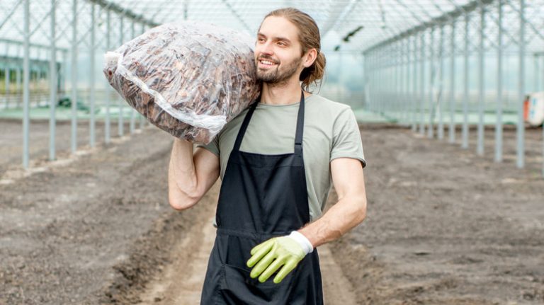 Gardener carrying bag of mulch